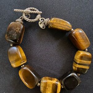 VINTAGE POLISHED BEAD Tiger's Eye  Bracelet With Sterling Silver Toggle Clasp
